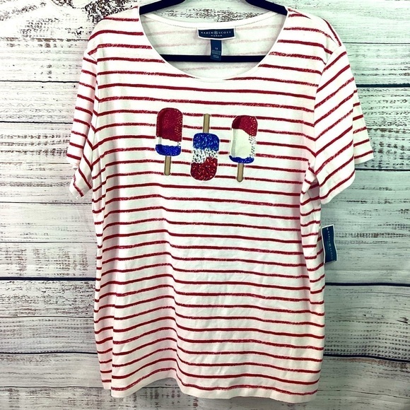 NEW KAREN SCOTT PLUS SIZE 1X TOP 4 JULY SUMMER STRIPES BLOUSE NWT - Picture 1 of 9